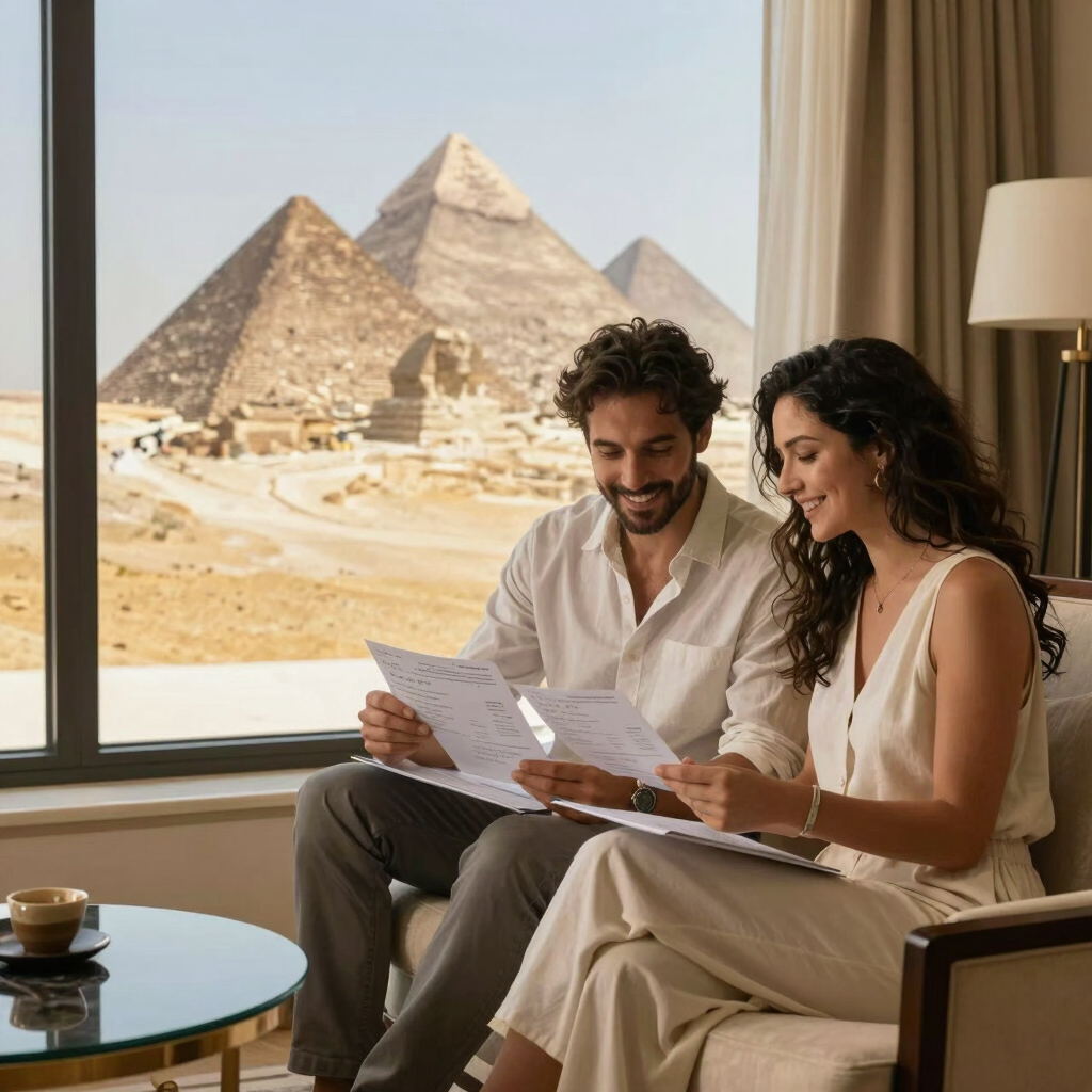 A couple reviews travel documents in a luxury hotel room with a view of the Great Pyramids of Giza.