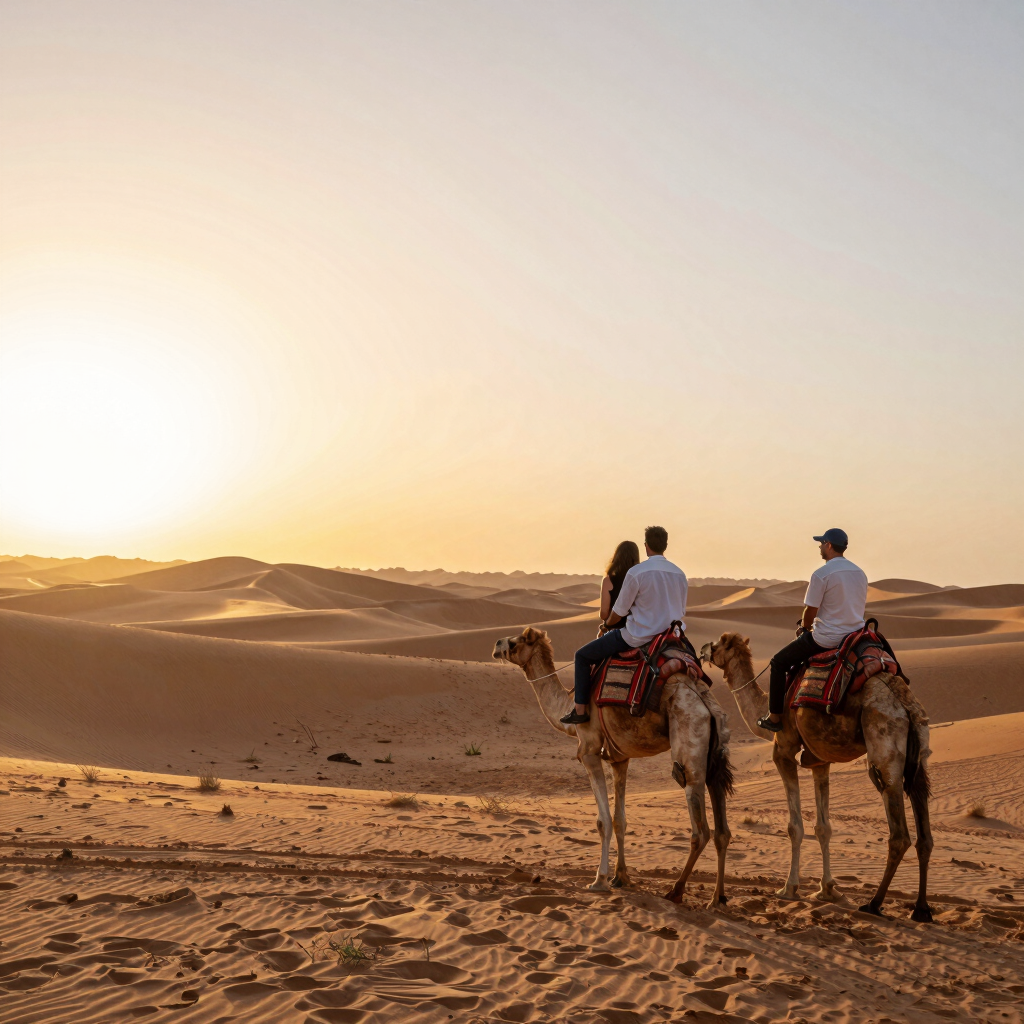 Tourists enjoying a camel trek across sand dunes during a desert safari at sunset.