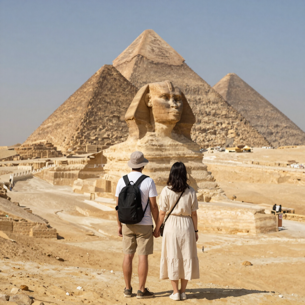 A couple holding hands while viewing the Great Sphinx and Pyramids of Giza in Egypt.