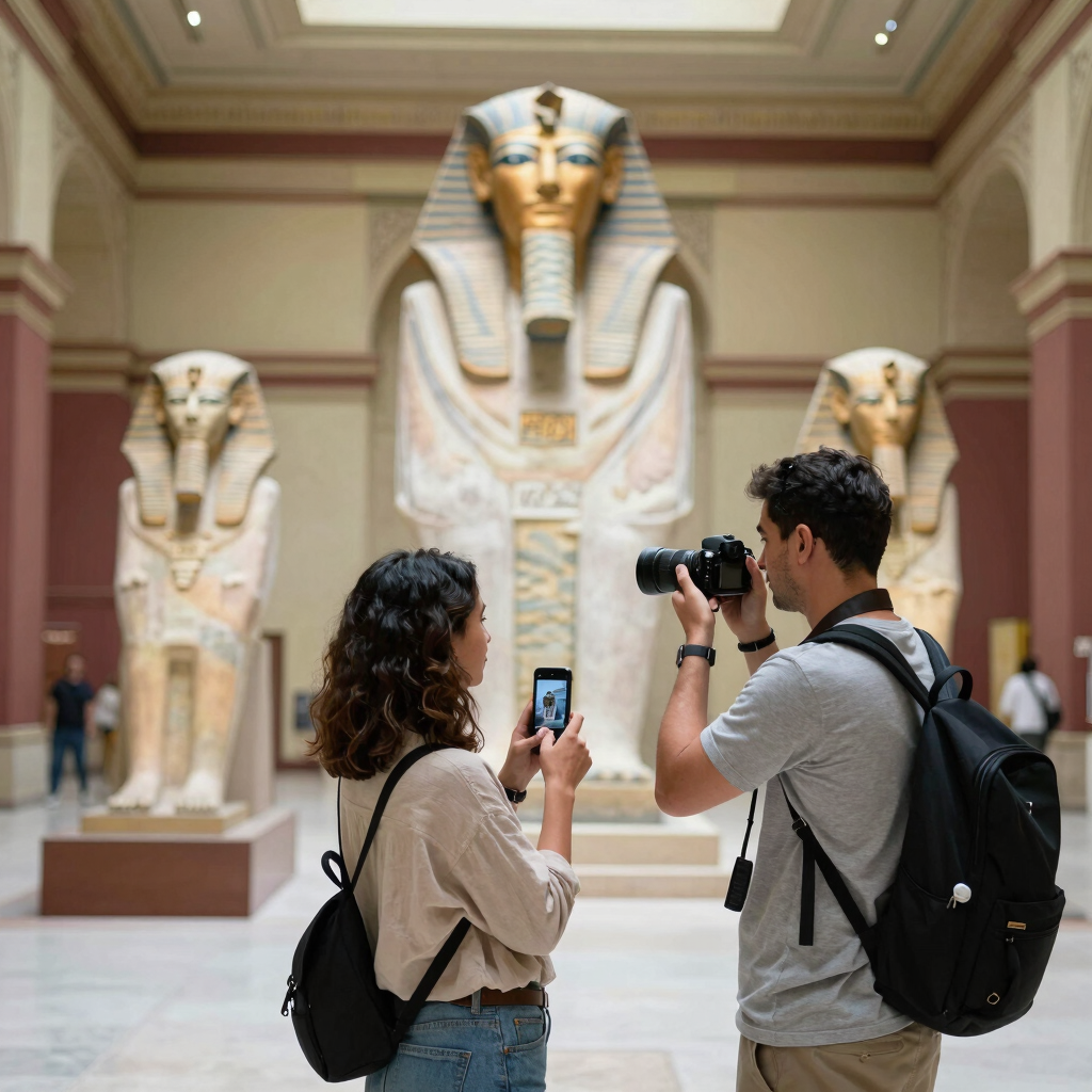Tourists take photos of ancient Egyptian Pharaoh statues in a museum gallery using a camera and smartphone.