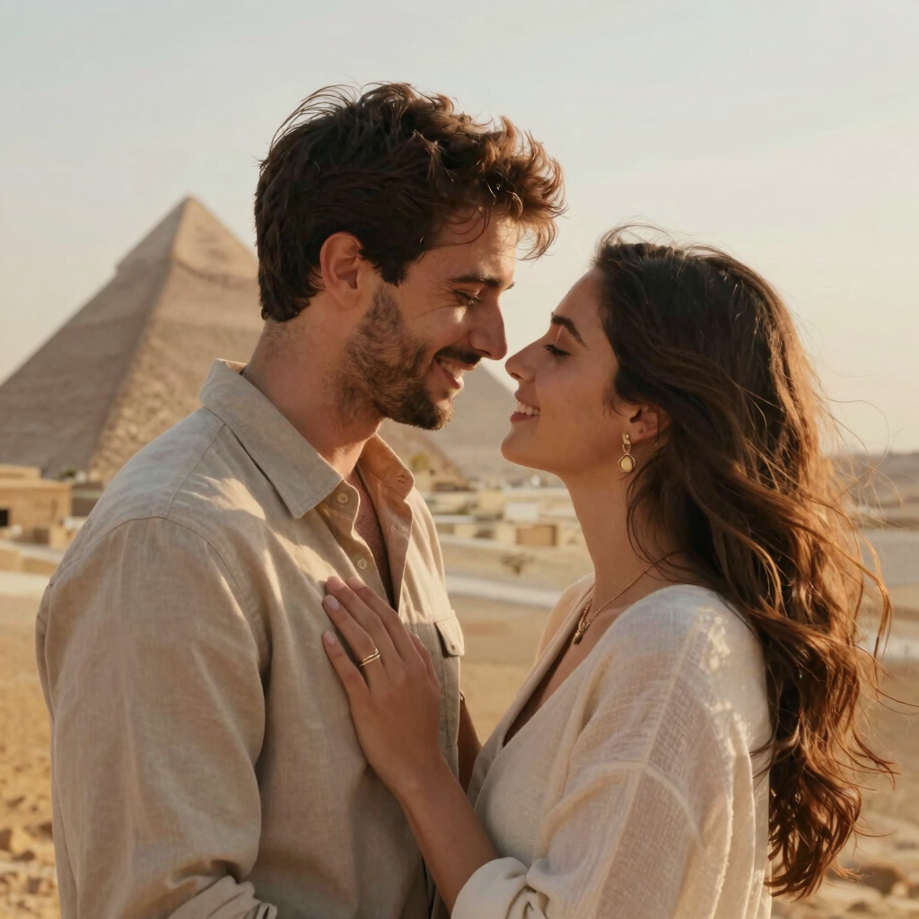 A romantic couple smiling at each other in front of the Great Pyramids of Giza in Egypt.