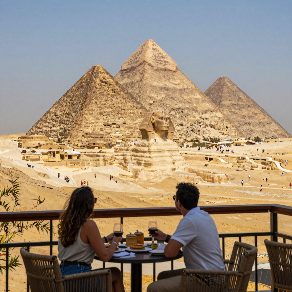 A couple enjoys dinner with a scenic view of the Great Sphinx and Pyramids of Giza in Egypt.