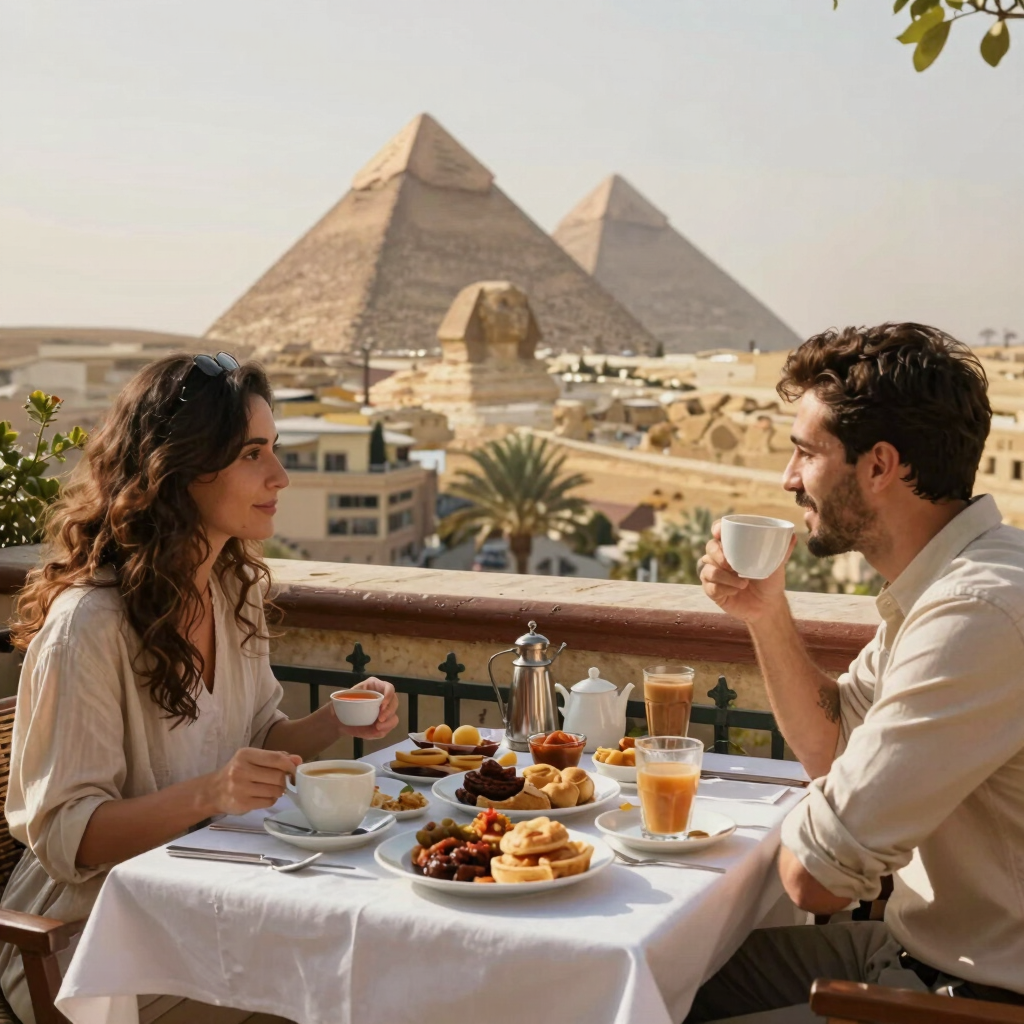 A couple enjoying breakfast on a terrace overlooking the Great Pyramids of Giza and the Sphinx in Egypt.