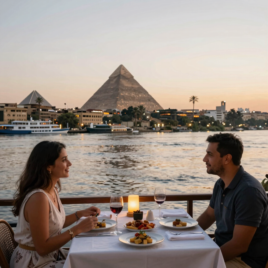 A couple enjoys a romantic dinner on a Nile River cruise with the Pyramids of Giza in the background.