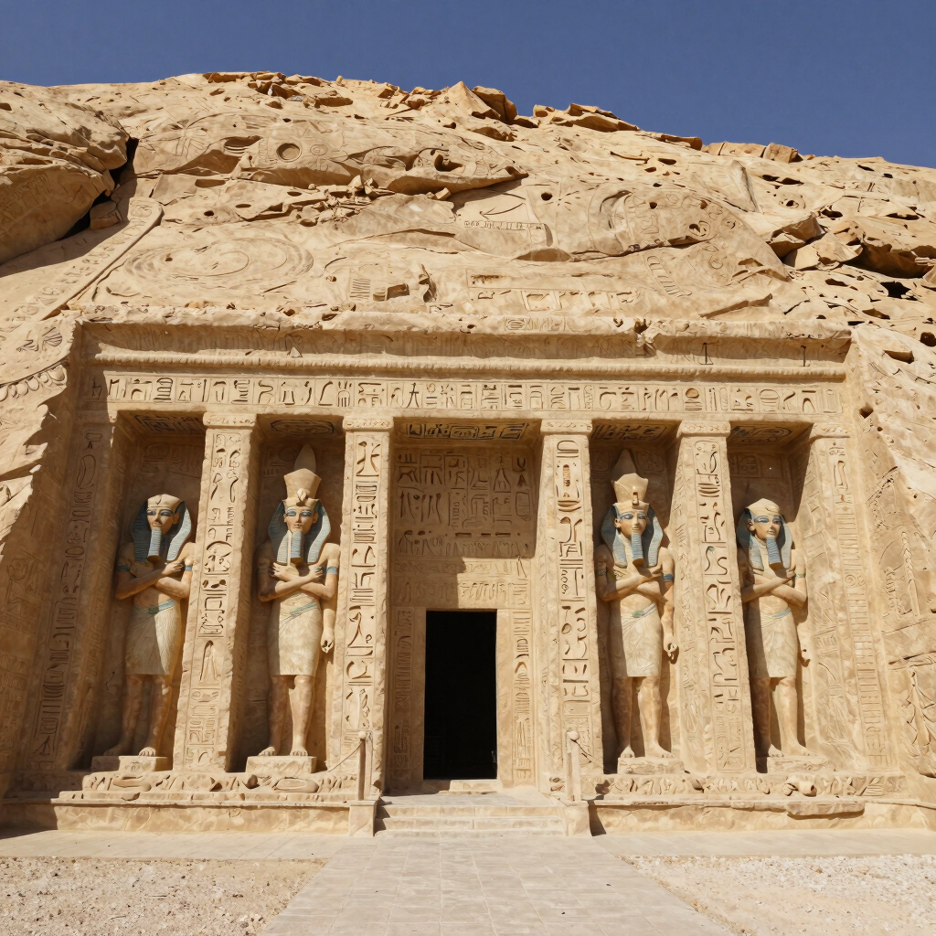 Ancient Egyptian statues of pharaohs guarding the stone entrance to a rock-cut temple in Egypt.