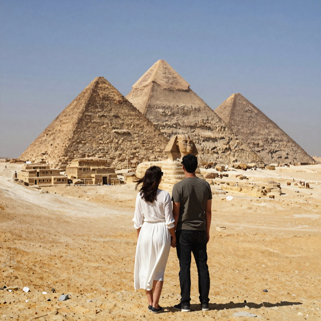 Couple holding hands while viewing the Great Pyramids of Giza and the Sphinx in Egypt.