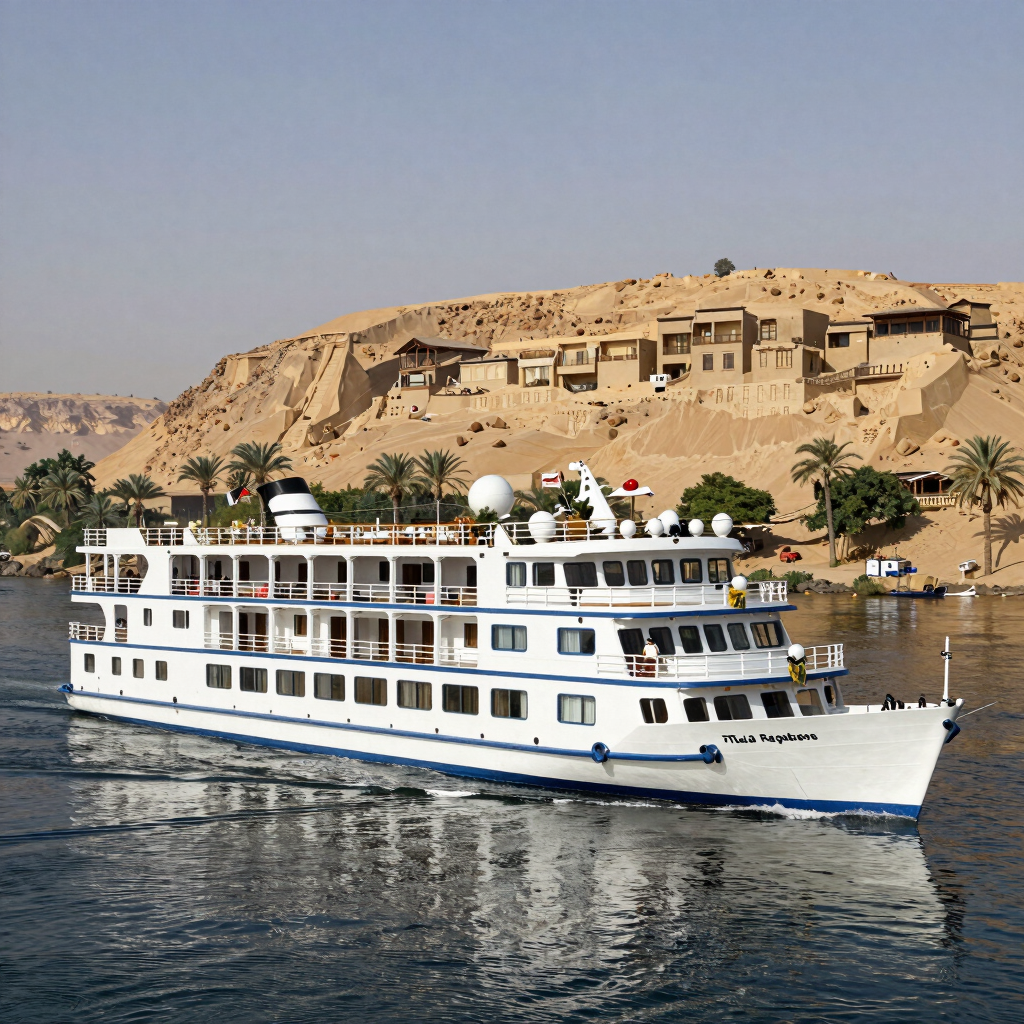 Luxury Nile River cruise ship sailing past desert hills and palm trees in Egypt.
