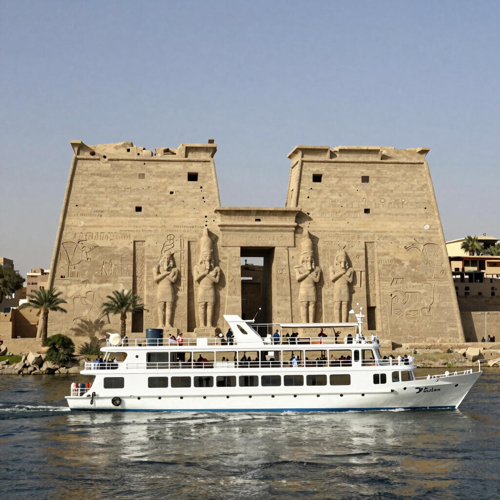 A white Nile river cruise boat sails past the ancient Egyptian Temple of Edfu with its stone carvings.