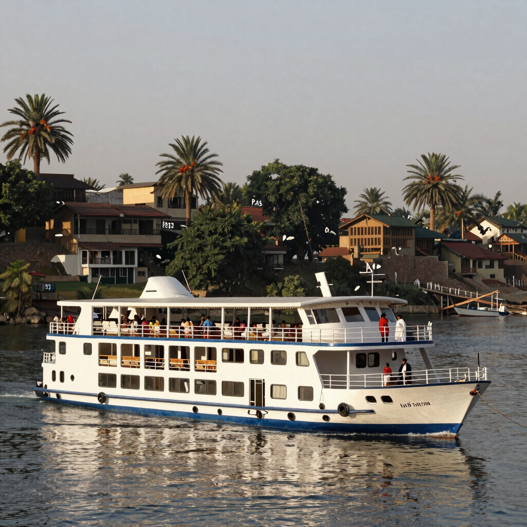 A white Nile River cruise boat carrying tourists past waterfront villas and palm trees in Egypt.