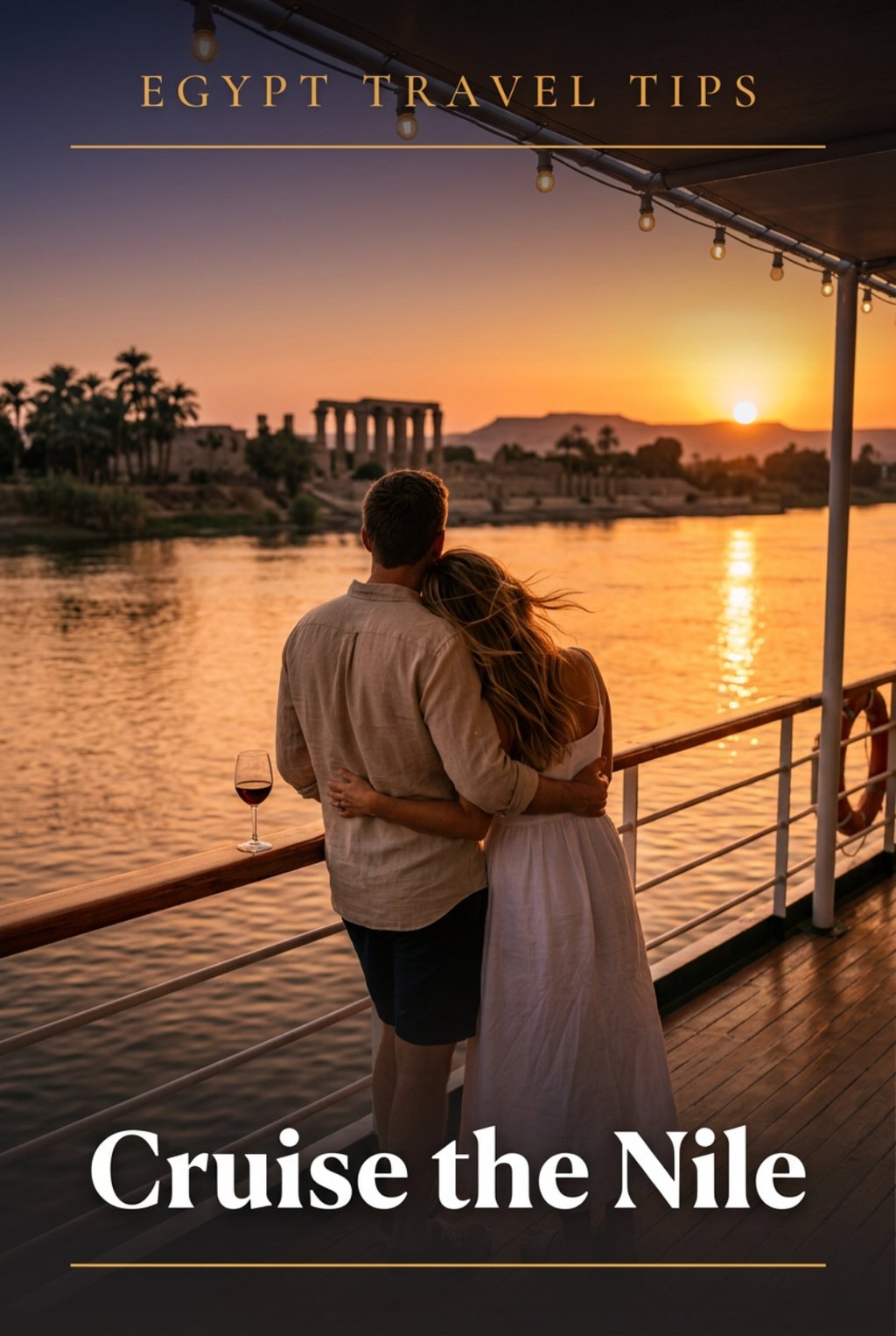 A couple enjoys a romantic sunset during a luxury Nile River cruise in Egypt with ancient temples in view.