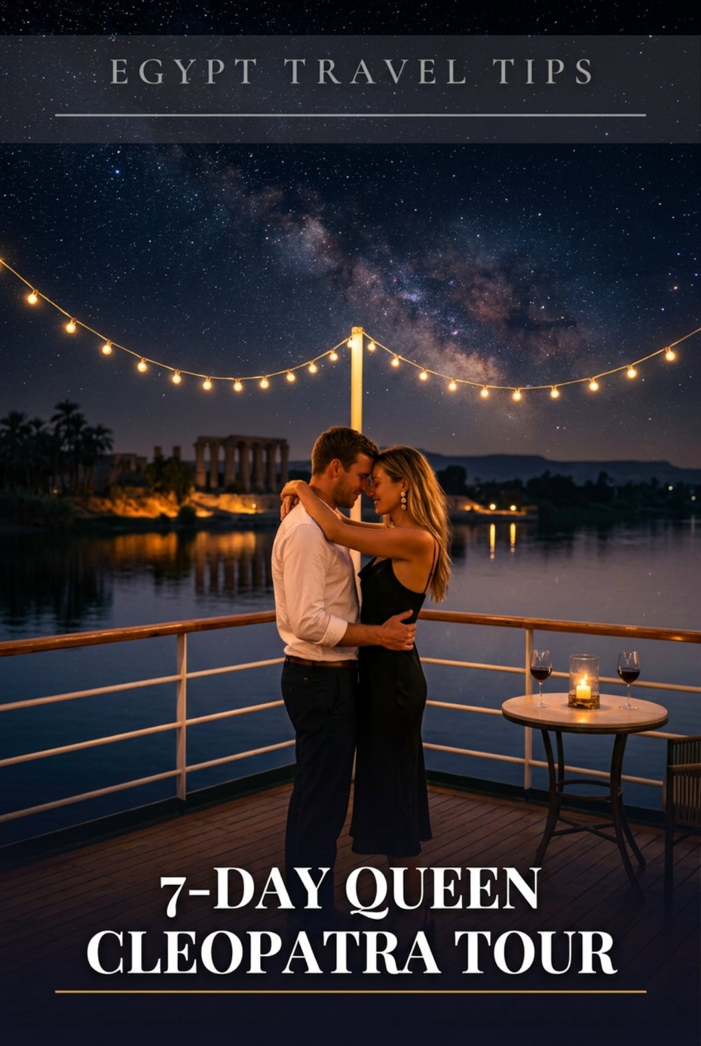 A romantic couple on an Egypt Nile River cruise at night under the Milky Way galaxy.
