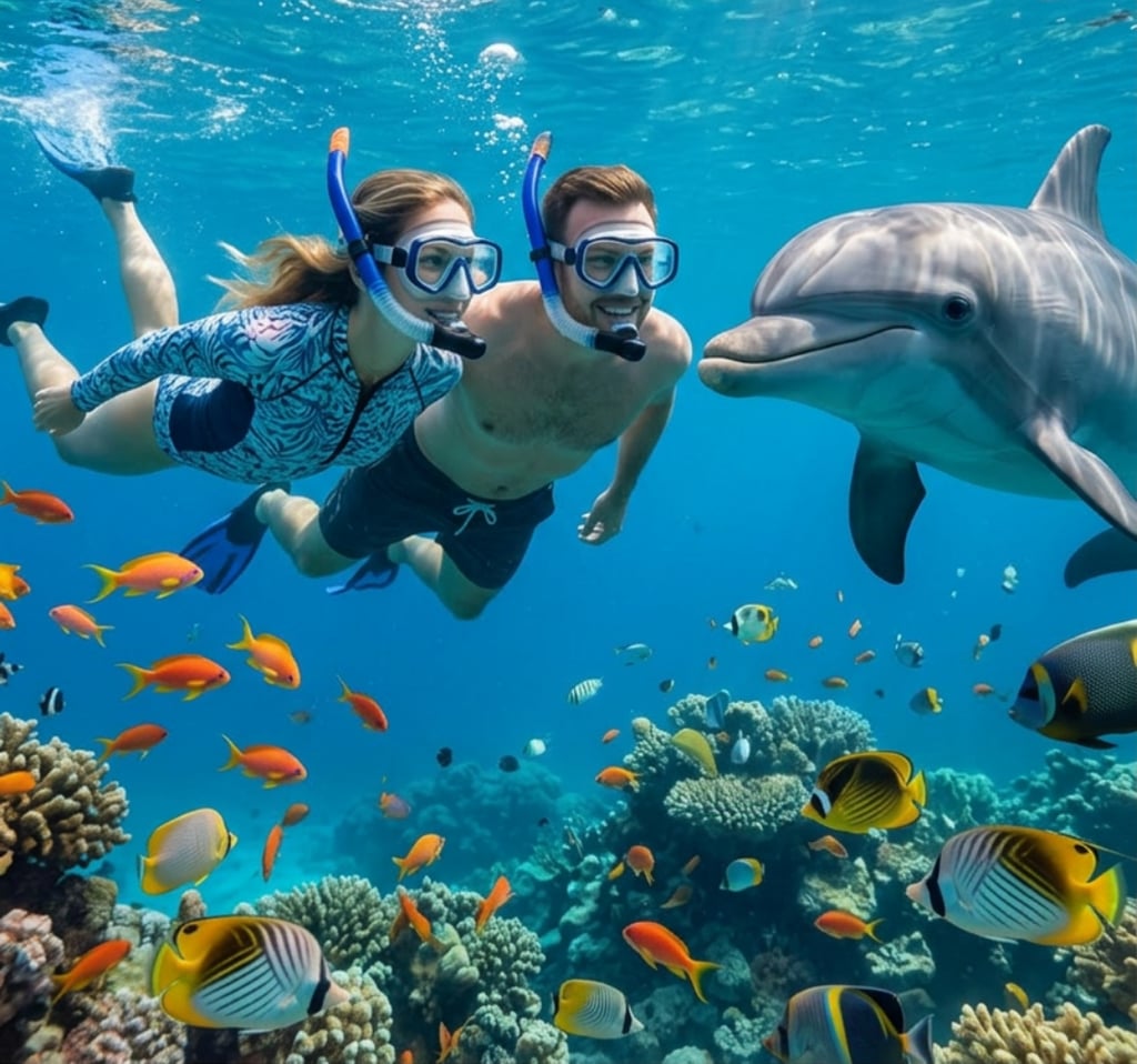 A couple snorkeling in the Red Sea tropical coral reef with a dolphin and colorful exotic fish.