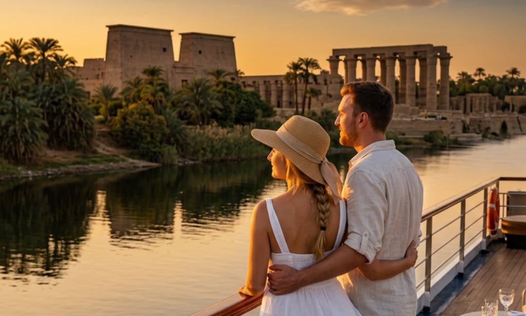 A couple on a Nile River cruise at sunset overlooking ancient Egyptian ruins and palm trees.