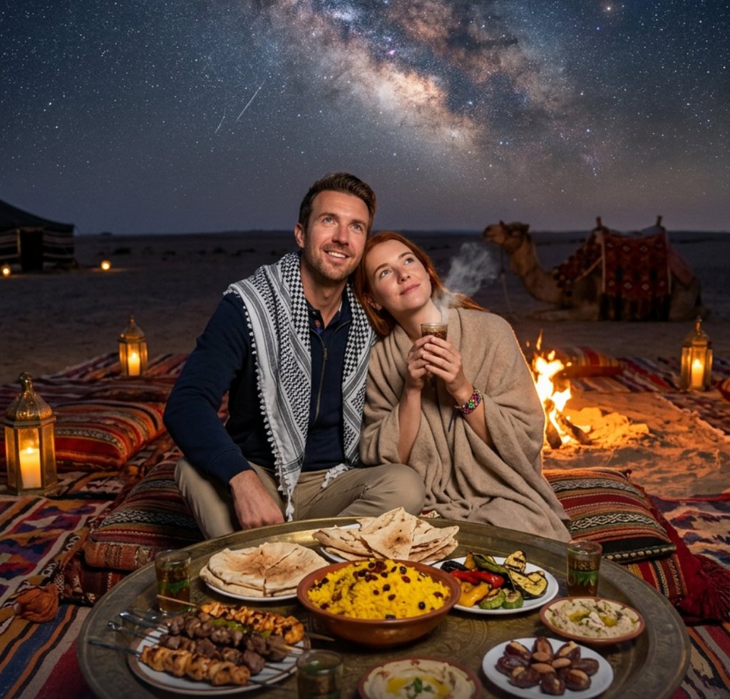 A couple enjoys a traditional Arabic dinner at a desert camp under a starry Milky Way sky.