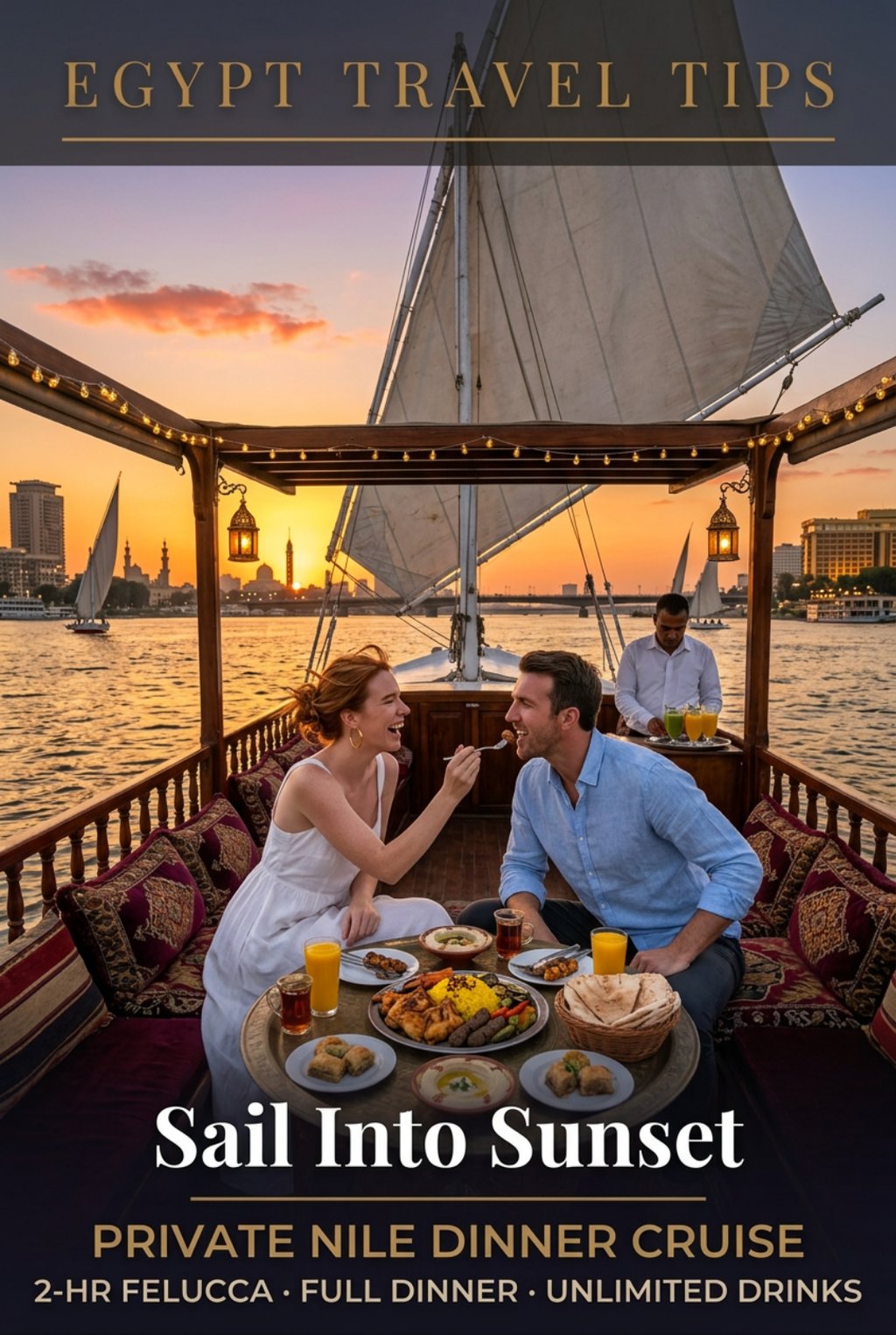 A couple enjoys a private Nile dinner cruise on a traditional Felucca at sunset in Egypt.