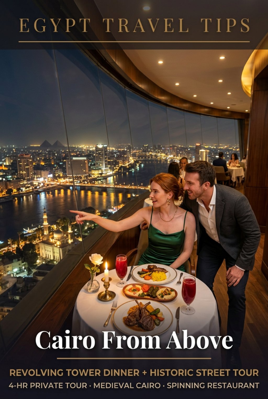 Couple enjoying a luxury dinner at a revolving restaurant overlooking the Cairo skyline and Nile River at night.