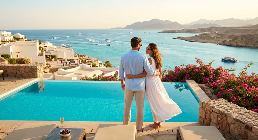 A couple enjoys a luxury resort infinity pool overlooking a turquoise sea in Sharm El-Sheikh..