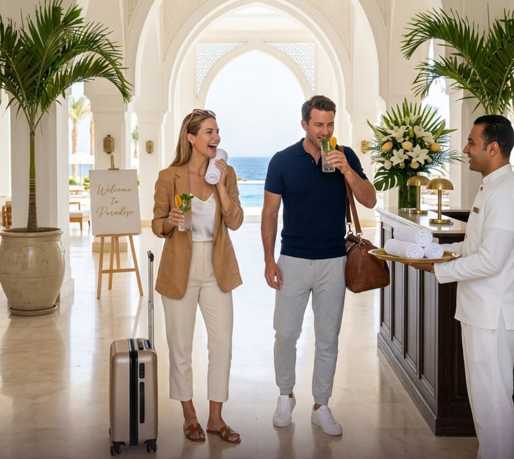 A smiling couple arrives at the luxury resort lobby with luggage and welcome drinks.