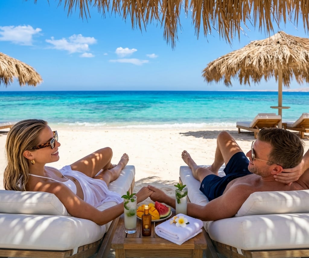 A couple relaxing on beach loungers with tropical cocktails and fruit at a luxury Red Sea resort.