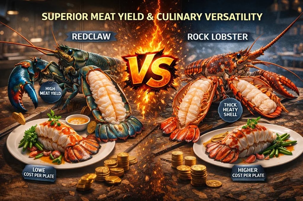 Tekstur daging ekor lobster Redclaw yang padat, manis, dan rendemen tinggi