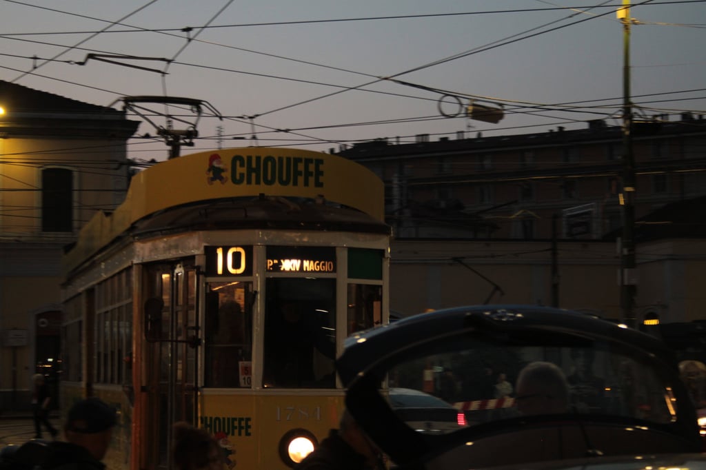 ATM-1500 "Ventotto" tram running line 10 in front of Porta Genova station, Milan, Italy