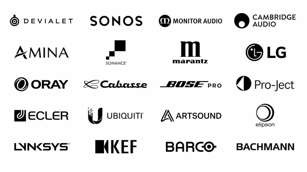 Logos de marques audio, vidéo et réseau sélectionnées par Audio Video Neuilly