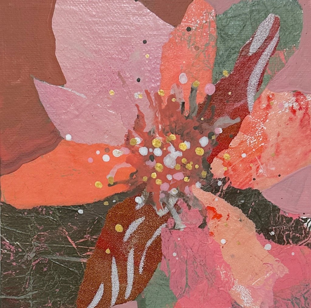 Large abstract floral collage painting in pink and coral tones