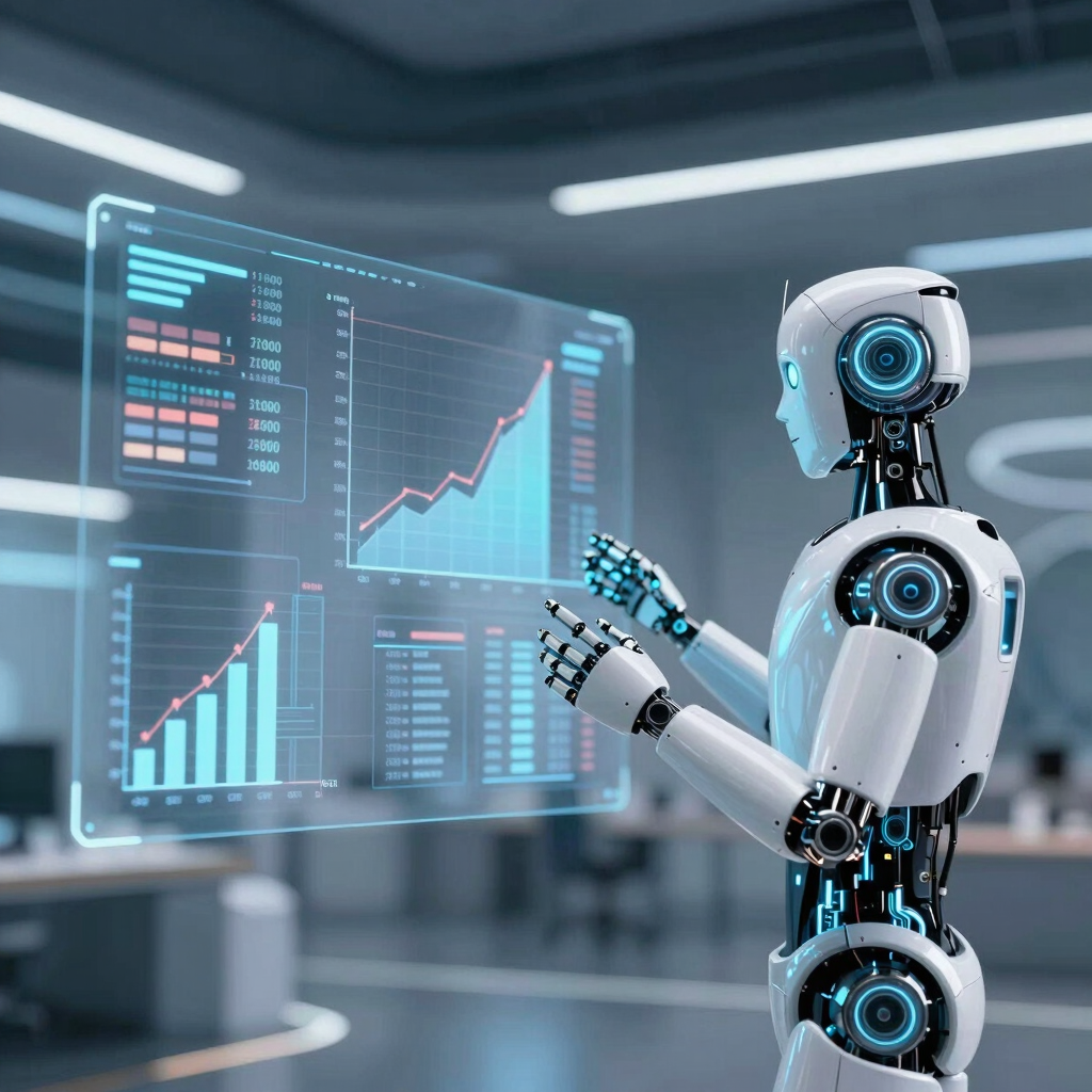 A futuristic white robot analyzing data charts and growth graphs on a holographic digital display.