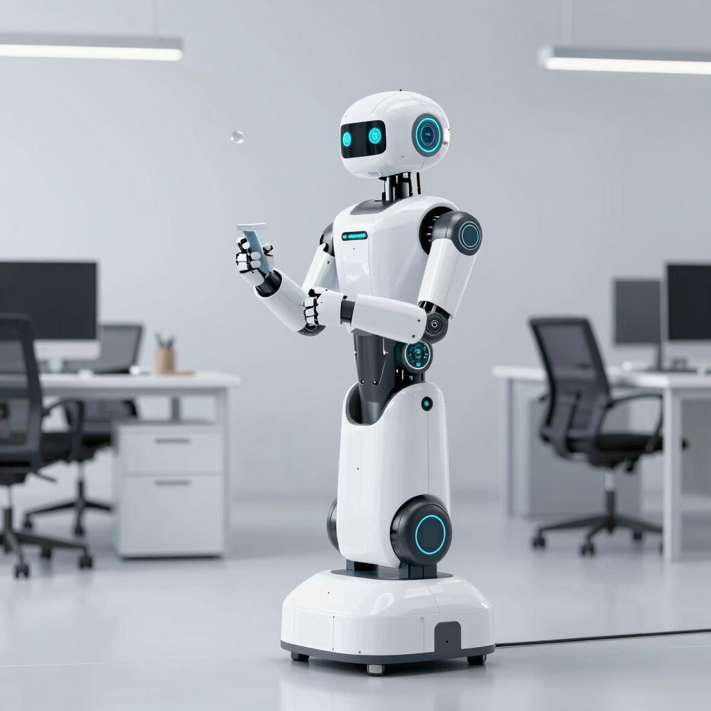 A white humanoid service robot holding a digital tablet in a modern office workspace with desks.