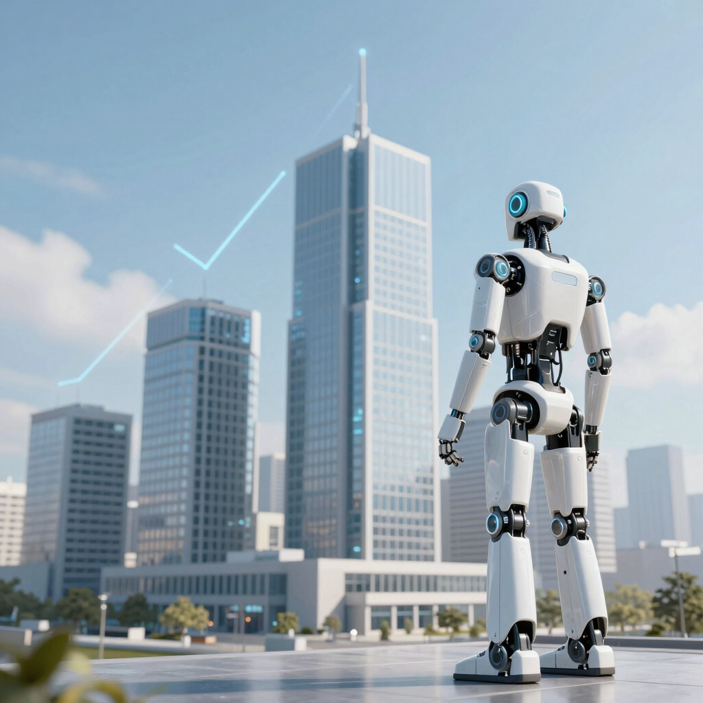 A white humanoid AI robot overlooking a modern city skyline with digital data trends.