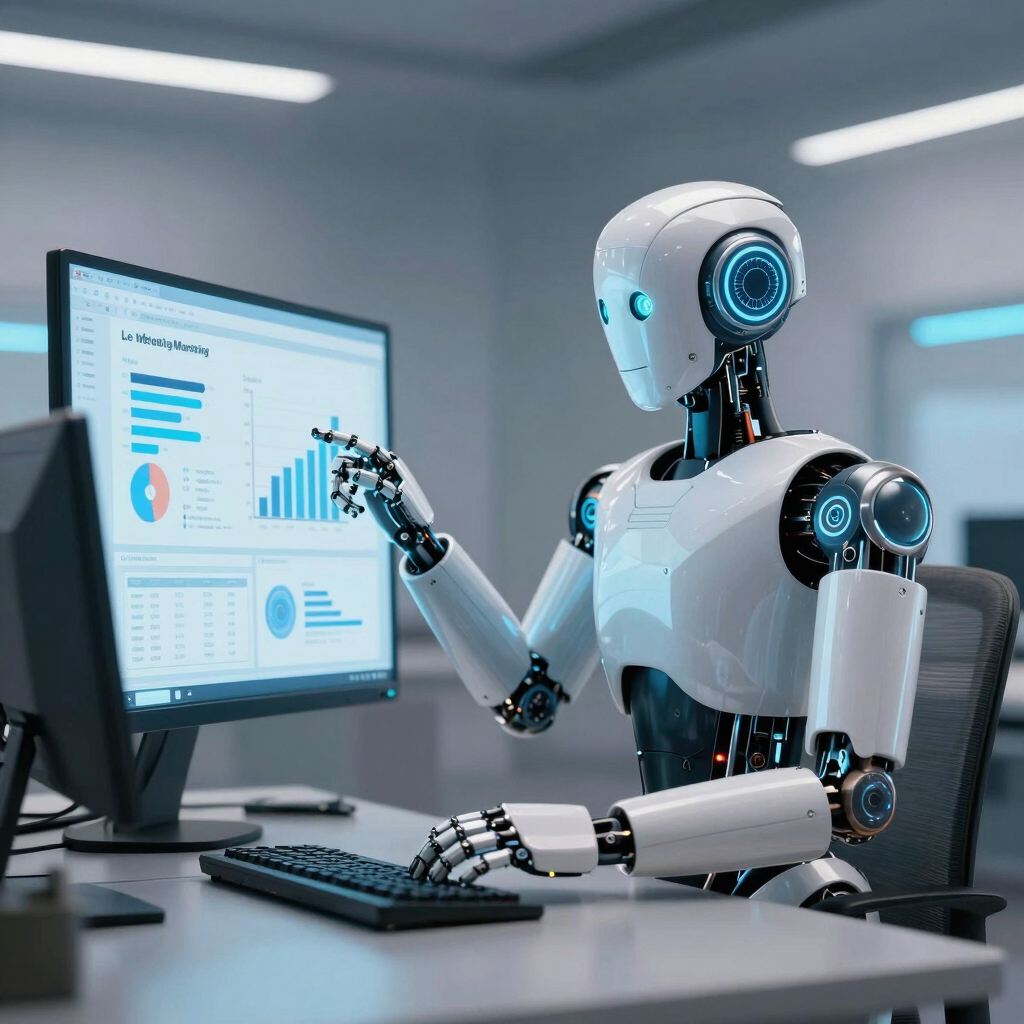 White humanoid AI robot analyzing business data charts on a computer screen in a modern office.