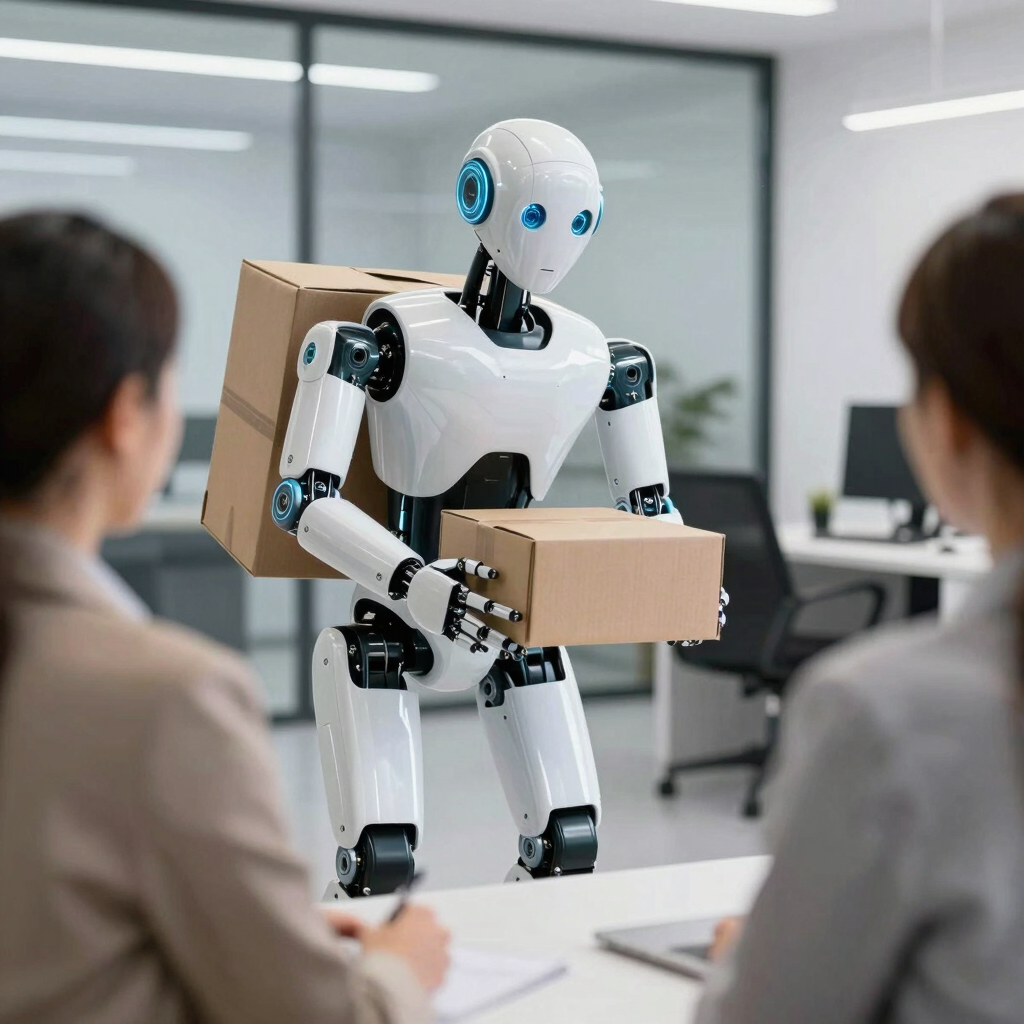 White humanoid AI robot delivering cardboard packages to workers in a modern office setting.
