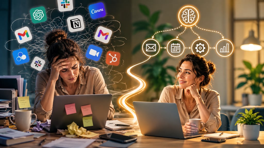Overwhelmed entrepreneur using many AI tools contrasted with a calm founder running automated busine