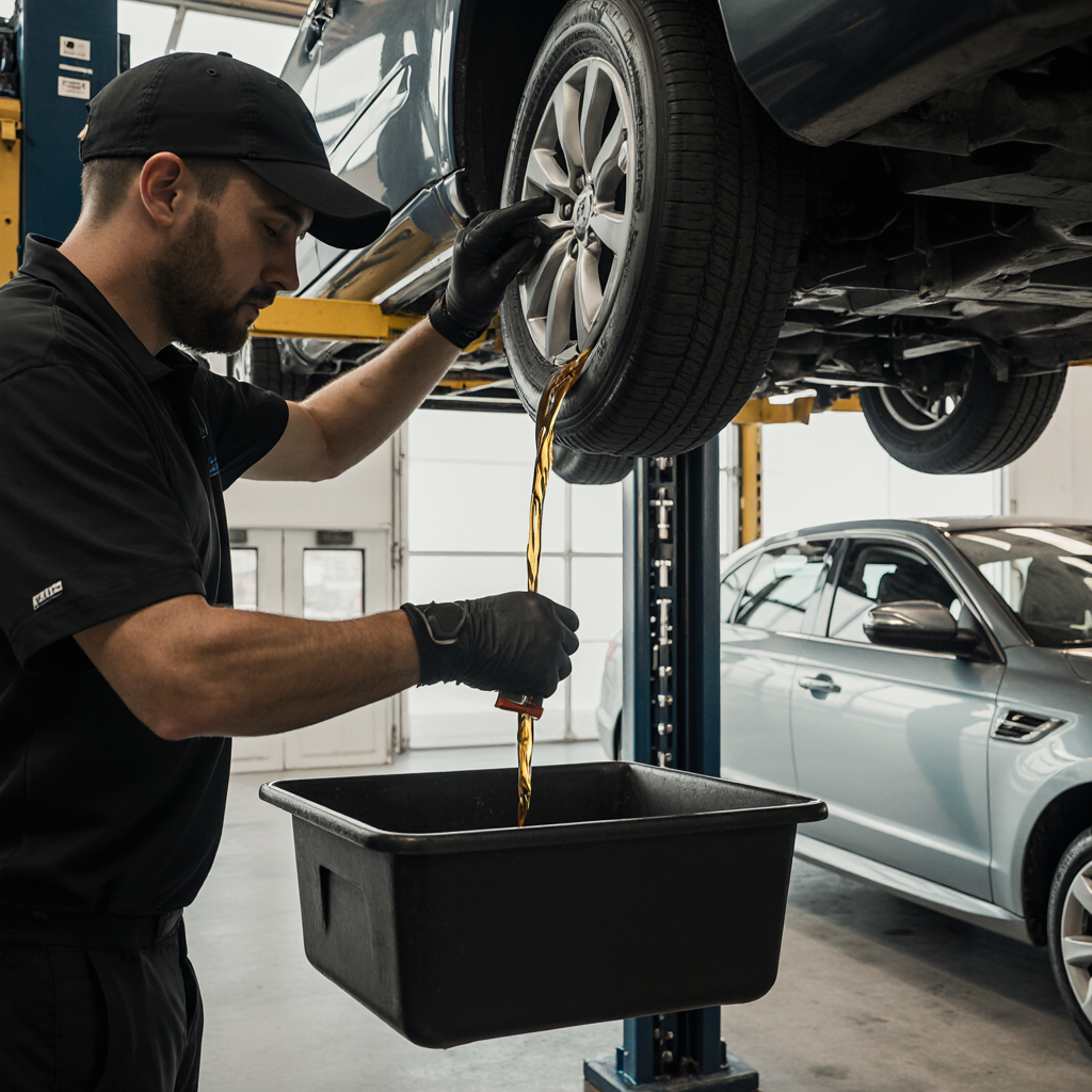 Mechanic draining engine oil during a routine oil change – how long should an oil change take