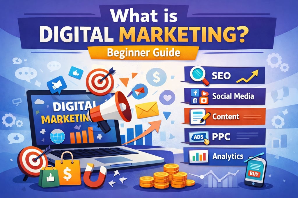 Digital marketing guide infographic explaining SEO, social media marketing, content marketing and PP