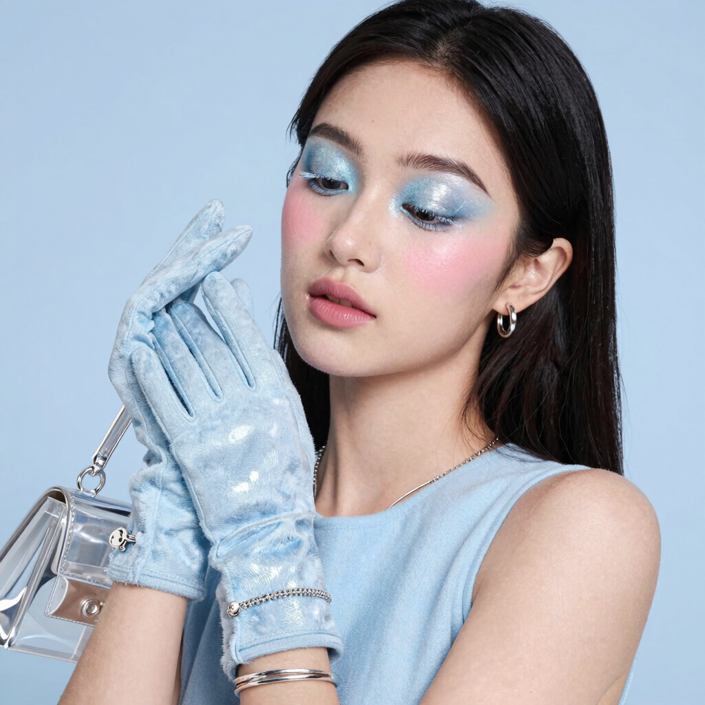 woman with blue hair looking at her left side