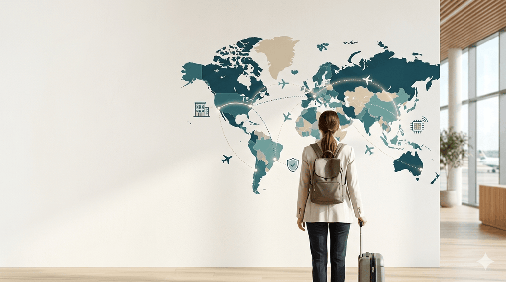 Viajante planejando rota internacional em frente a um mapa-múndi estilizado.