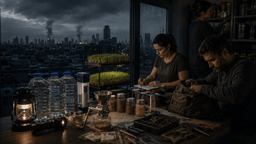 People organizing emergency survival supplies like water, food, and microgreens in a dark apartment.