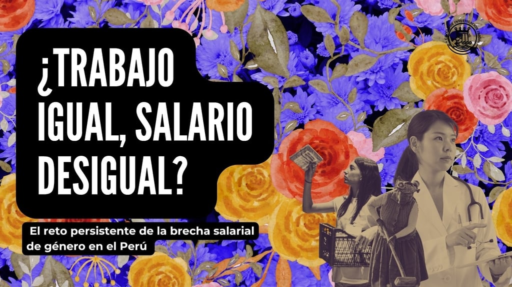 Infographic about gender pay gap in Peru featuring working women over a floral background.