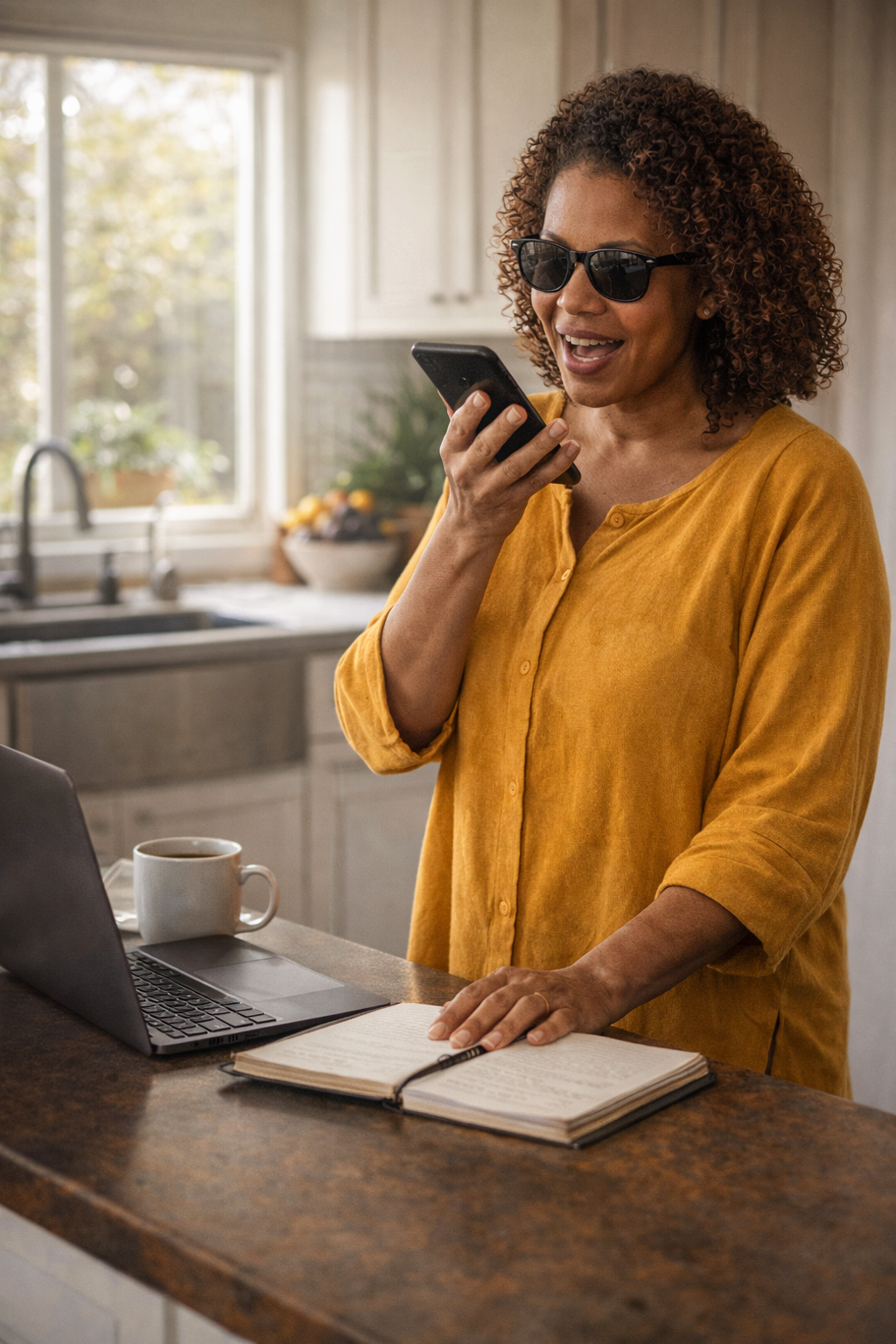 Image of a blind woman dictating on her phone in the kitchen.