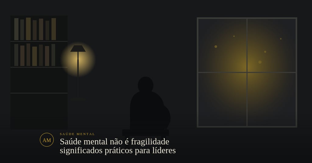 Silhueta contemplativa em escritório à noite, tema saúde mental para líderes