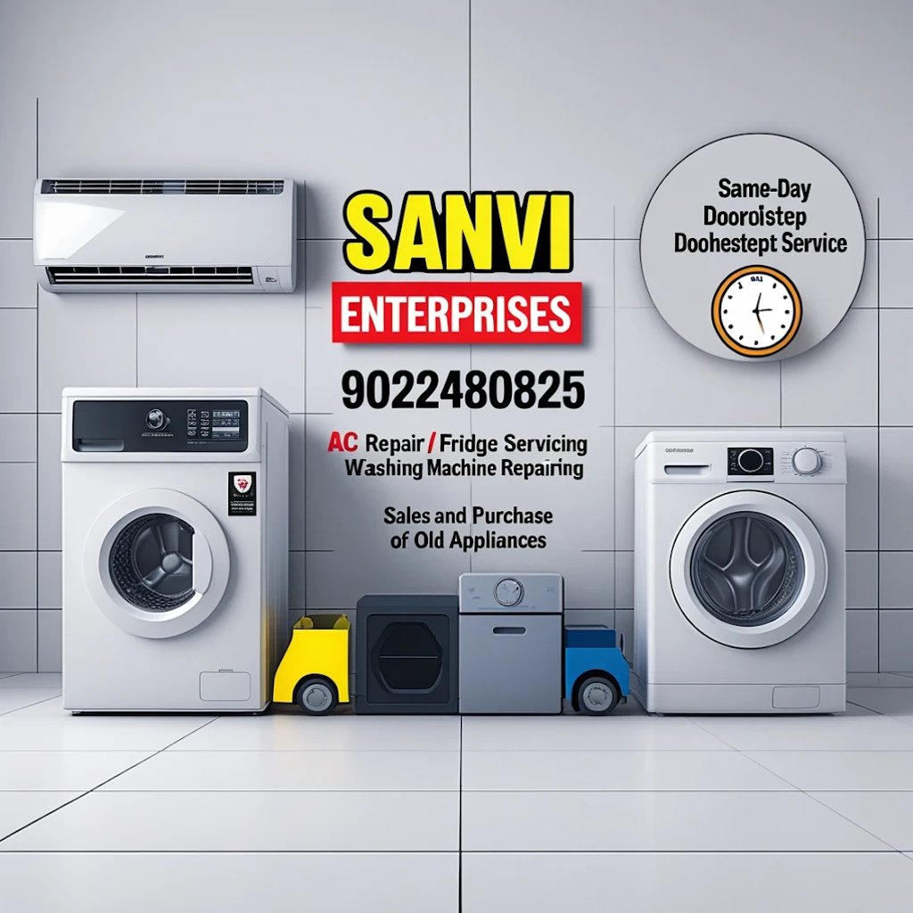 Sanvi Enterprises advertisement for AC repair, fridge servicing, and washing machine repairing services.