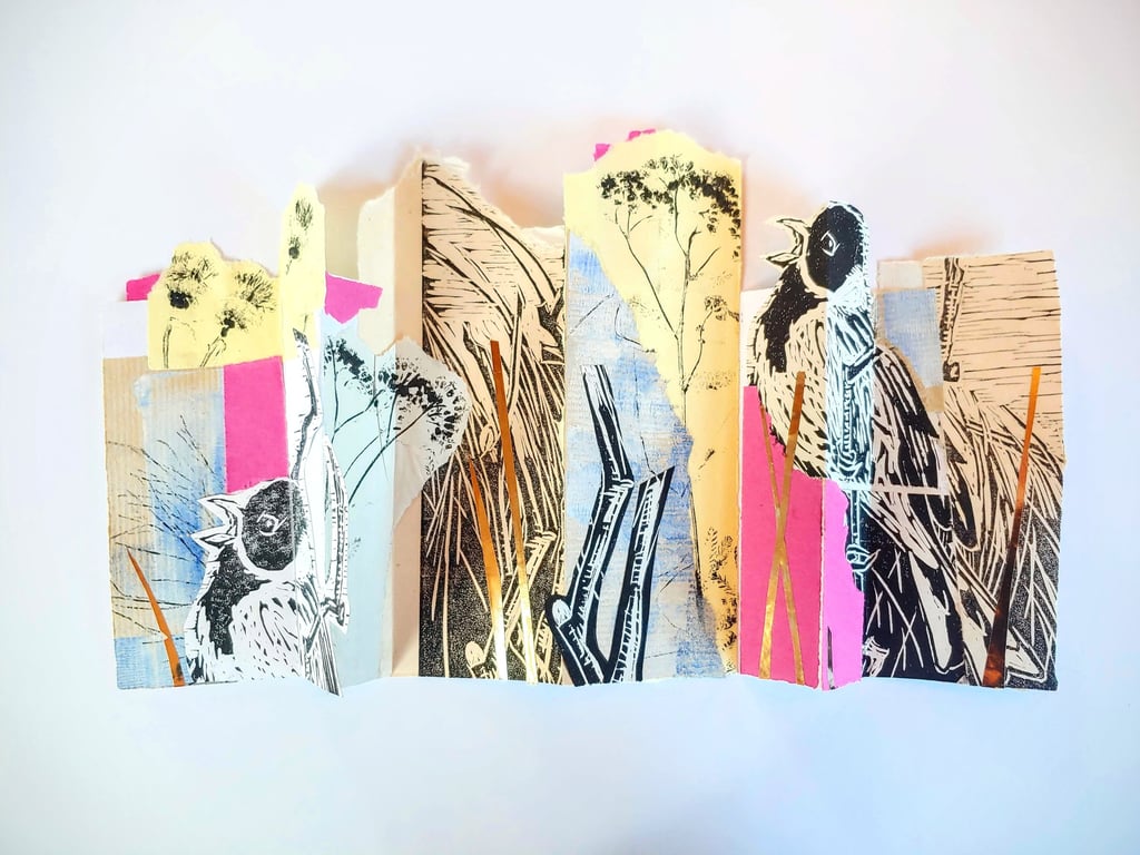 Concertina booklet with a collage showing reed warblers and reed plants