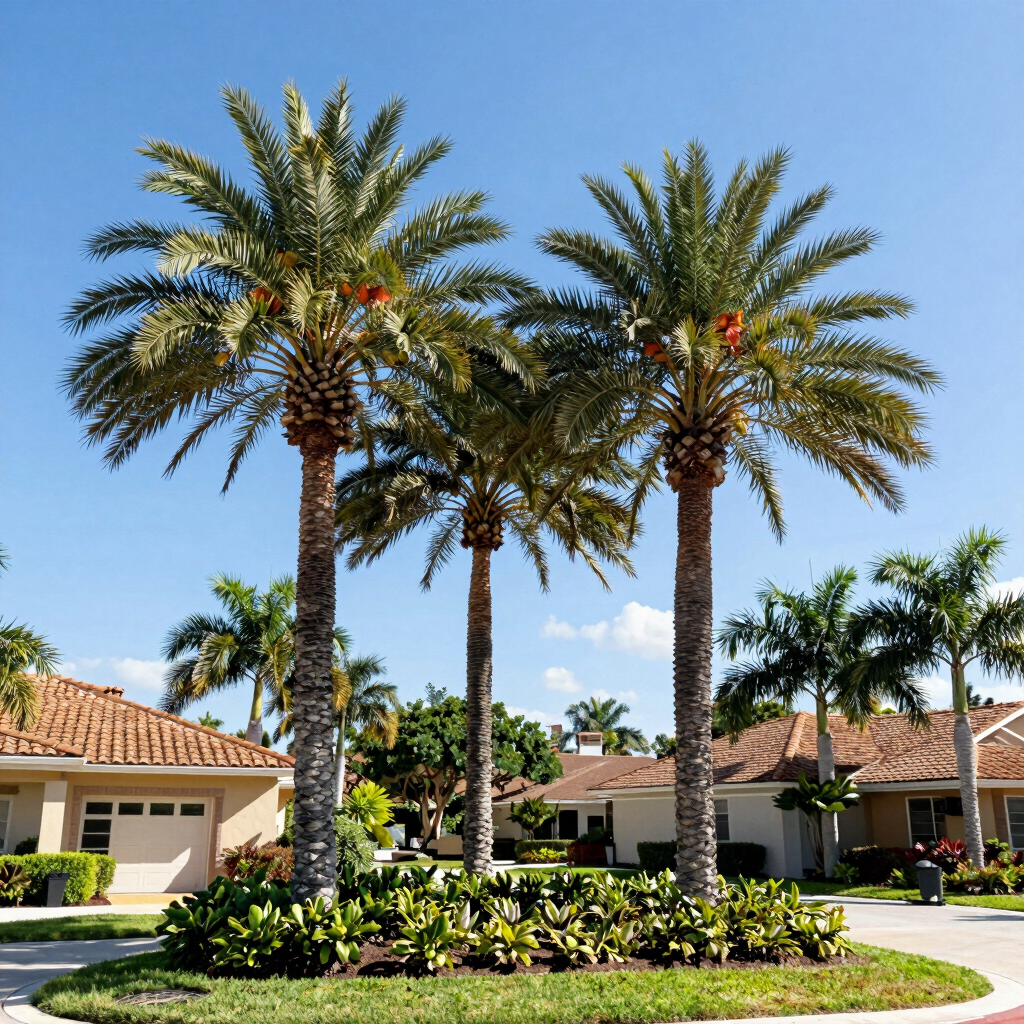 Three tall date palm trees with orange fruit stand in a tropical suburban neighborhood under a clear blue sky.
