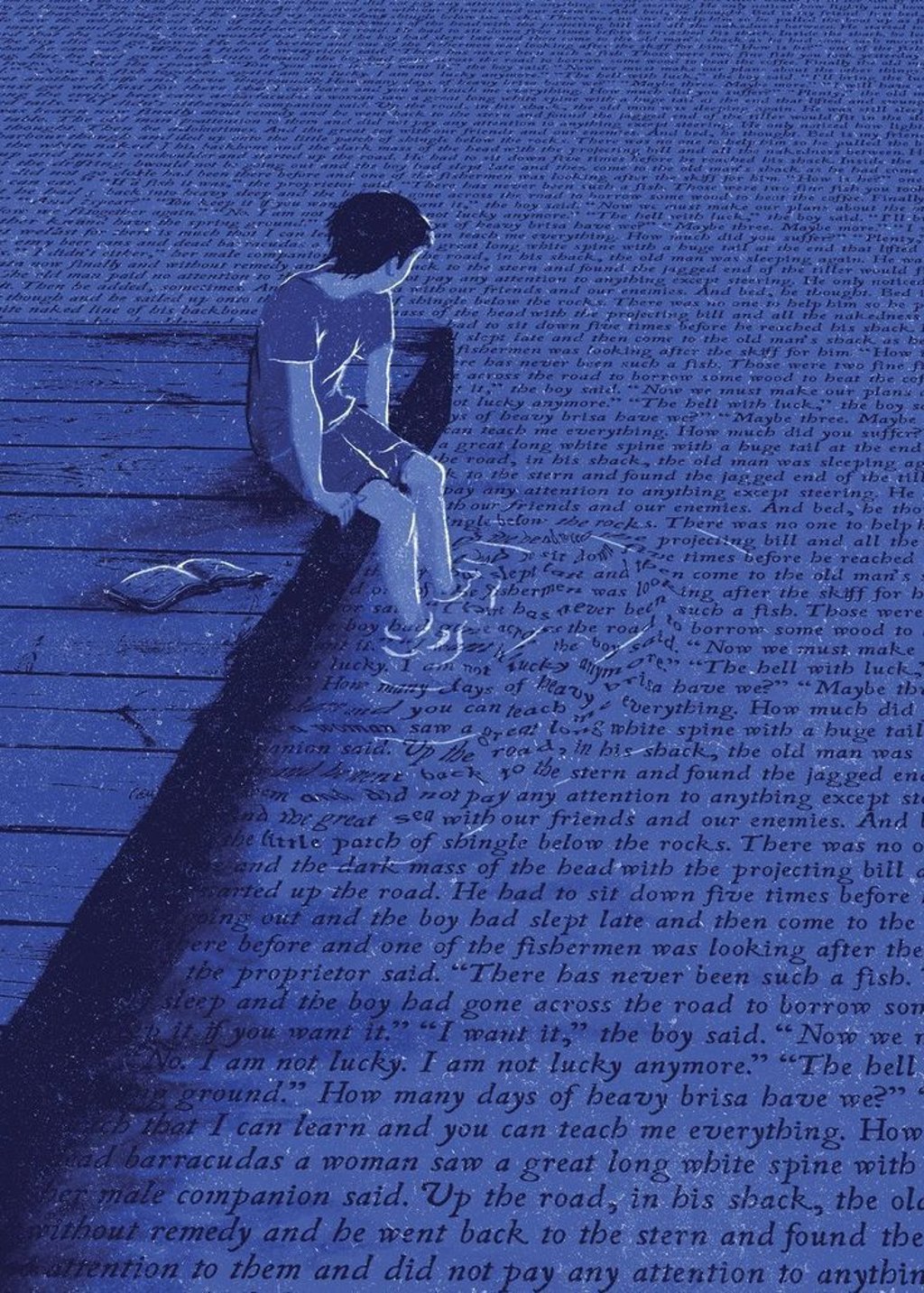 Ilustración artística azul de un niño sentado en un bote con superposición de texto de libro náutico