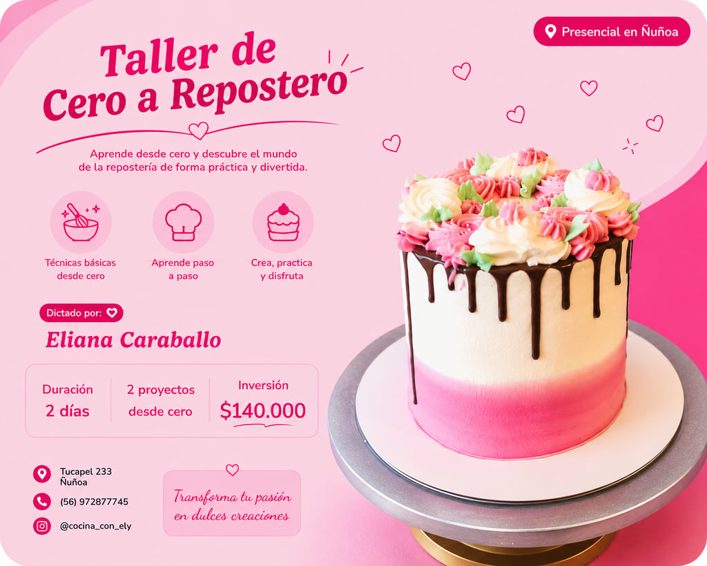 Anuncio, taller de ceroa repostero, donde aprendes a crear tu propias tortas, 100% practico, ñuñoa