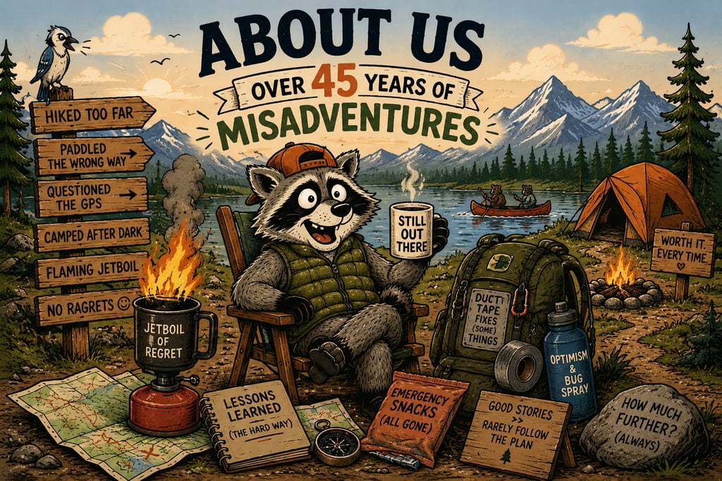 Funny camping illustration of a raccoon holding coffee surrounded by hiking gear and humorous misadventure signs.