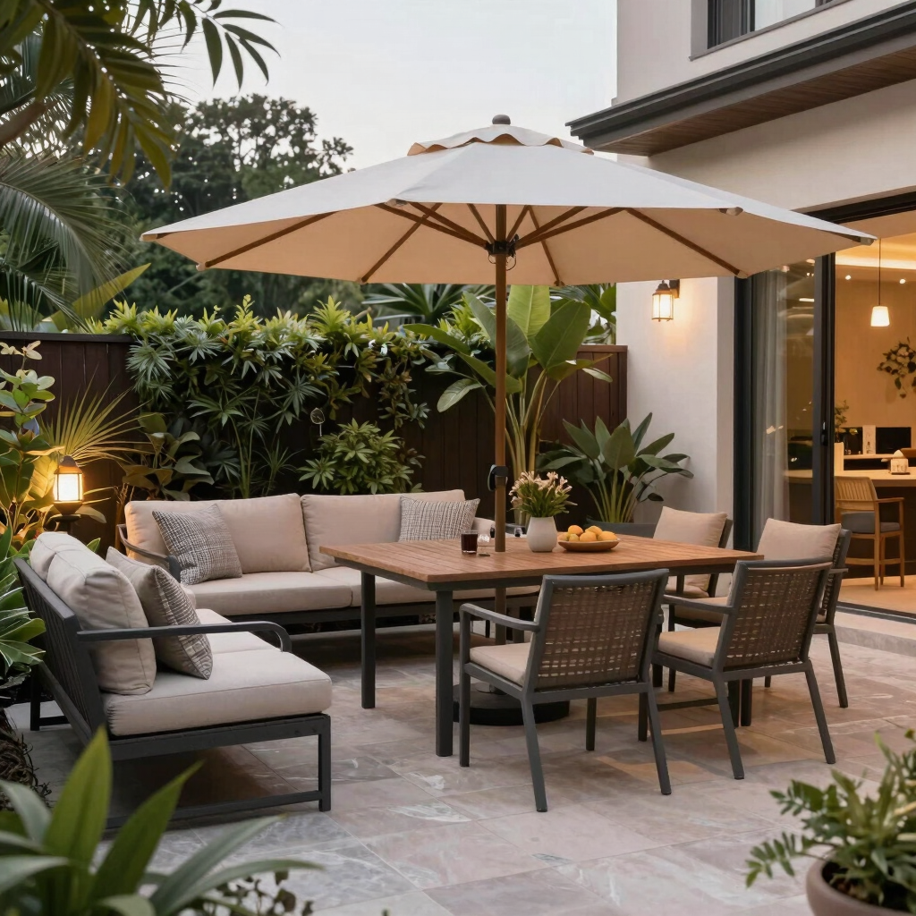 Cozy backyard nook with string lights and comfortable seating surrounded by lush greenery.
