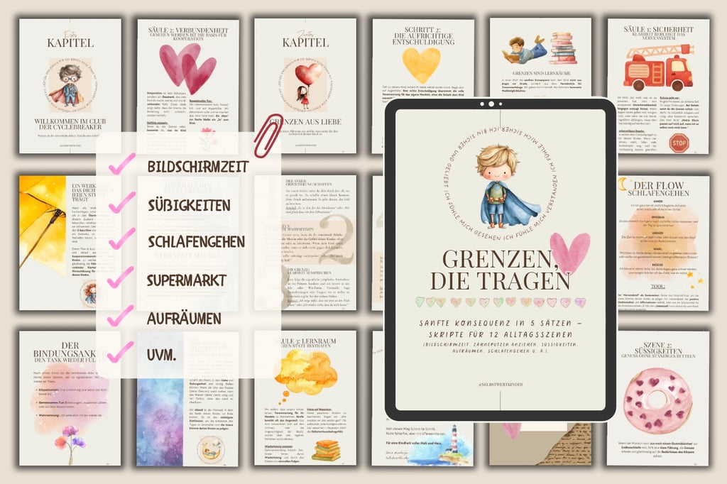 Digital parenting guide for setting boundaries with empathy featuring child psychology illustrations and German scripts.