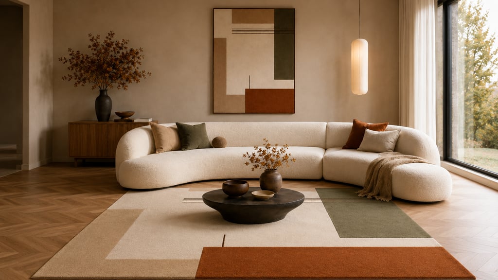 Modern minimalist living room with a white curved sofa, geometric area rug, and neutral wall art.